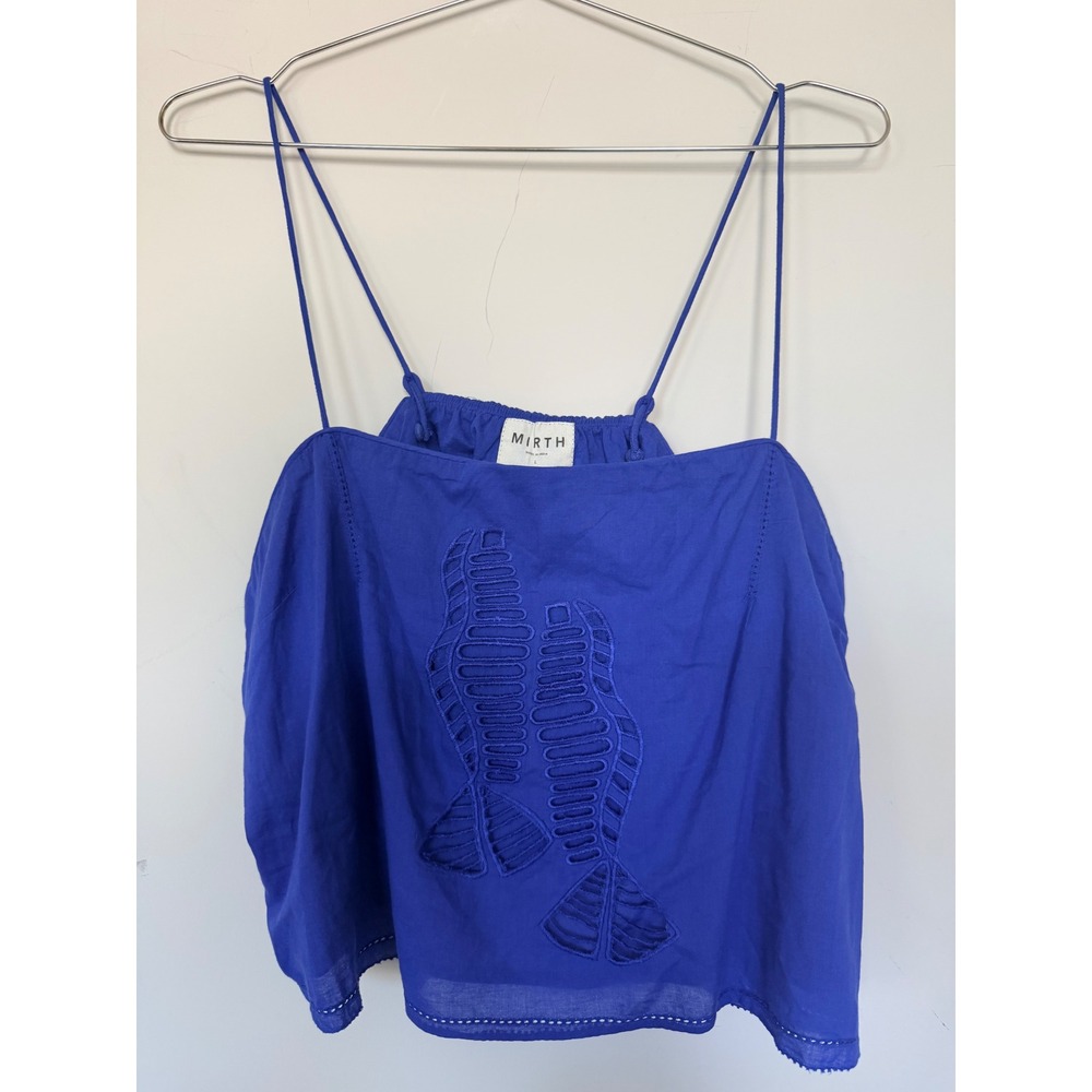 MIRTH Zuma Marine Tank in Lapis features abstract fish eyelet embroidery Sz Lg